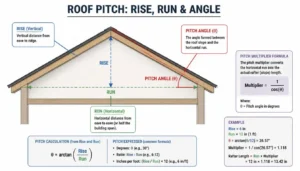 Roof pitch diagram showing rise, run, and pitch multiplier calculation