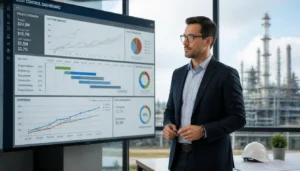Cost engineer reviewing project controls data across construction and industrial project charts