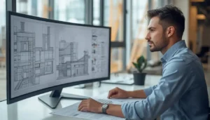Experienced construction estimator performing a material takeoff for a commercial project