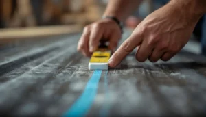 Chalk line being snapped across a metal roofing sheet to mark the fold line