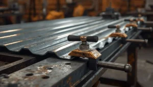 Metal roofing sheet clamped securely to a bending brake before folding
