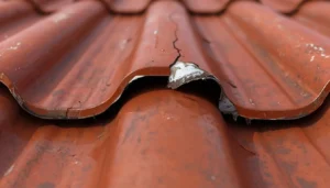 Close-up of a cracked and dented metal roofing panel caused by improper bending technique