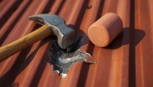 Common mistake of using a hammer instead of a seamer causing damage to a metal roofing panel