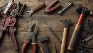 Flat lay of essential tools for bending metal roofing sheets including seamer, clamps, and rubber mallet