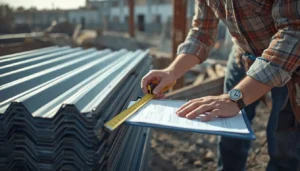 Contractor measuring and calculating metal roofing material quantities before cutting sheets