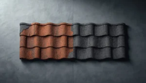 A worn old roof shingle next to a brand new roof shingle illustrating the difference between actual cash value and replacement cost value