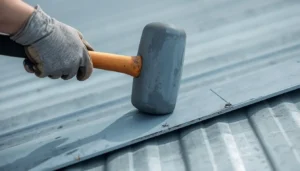 Rubber mallet setting the crease of a bent metal roofing seam without denting the panel