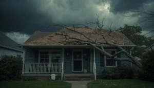 Suburban house with storm damage including missing roof shingles and a fallen tree branch under a dark stormy sky