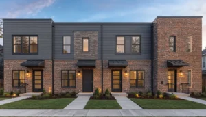 Completed fourplex building with four separate front doors and units