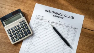 Calculator, insurance claim check, and printed estimate breakdown sheet arranged on a desk
