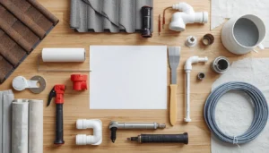 Flat lay of construction trade tools including roofing shingles, drywall, a paint roller, a pipe fitting, and electrical wire representing Xactimate trade group codes