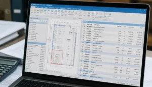 Xactimate software interface showing line-item codes, quantities, and pricing for an insurance restoration estimate