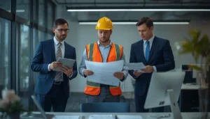 An insurance adjuster, a restoration contractor in a hard hat, and a public adjuster reviewing documents together in an office