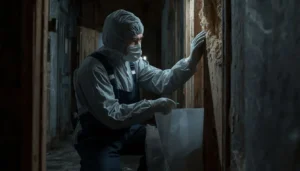 Certified inspector testing for asbestos and lead before house demolition