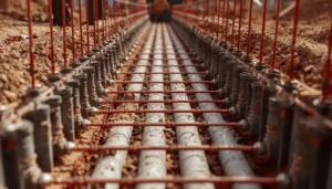 Concrete being poured around conduit pipes to form a concrete-encased duct bank