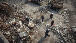 Workers sorting wood, metal, and concrete debris for recycling after house demolition