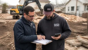 Homeowner reviewing a demolition cost estimate and budget breakdown with a contractor