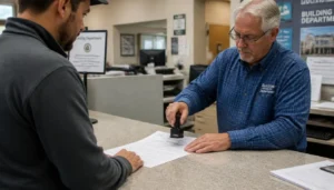 Homeowner reviewing a demolition permit application at the building department