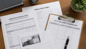 Stack of required demolition permits and inspection documents including asbestos notification