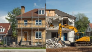 Side-by-side comparison of a house being renovated versus a house being demolished