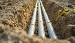 Direct-buried duct bank conduits covered with sand and warning tape before backfilling