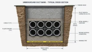 Cross-section diagram showing conduits held apart by spacers inside a duct bank trench