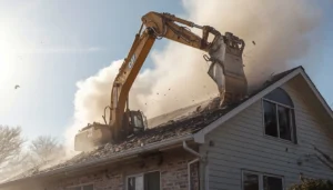 Excavator tearing down the roof and structure of a house during demolition