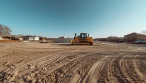 Bulldozer grading and leveling a cleared lot after house demolition is complete