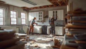 Workers removing cabinets and fixtures from a house interior before demolition
