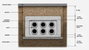Technical diagram showing NEC code minimum burial depth requirements for duct banks