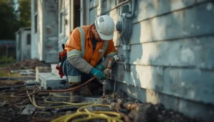 Utility worker disconnecting a gas line before house demolition begins
